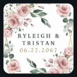 Dusty Rose Pink and Gold Floral Greenery Wedding Square Sticker<br><div class="desc">Design features an elegant geometric gold colored (printed) frame decorated with watercolor roses in shades of dusty rose pink,  mauve and similar shades with white floral elements over various types of greenery branches and leaves.   View the collection on this page to find matching products from this suite.</div>