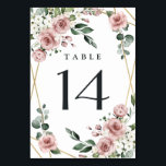 Dusty Rose Pink and Gold Floral Greenery Wedding Table Number<br><div class="desc">Design features an elegant geometric gold colored (printed) frame decorated with watercolor roses in shades of dusty rose pink,  mauve and similar shades with white floral elements over various types of greenery branches and leaves.   View the collection on this page to find matching products from this suite.</div>