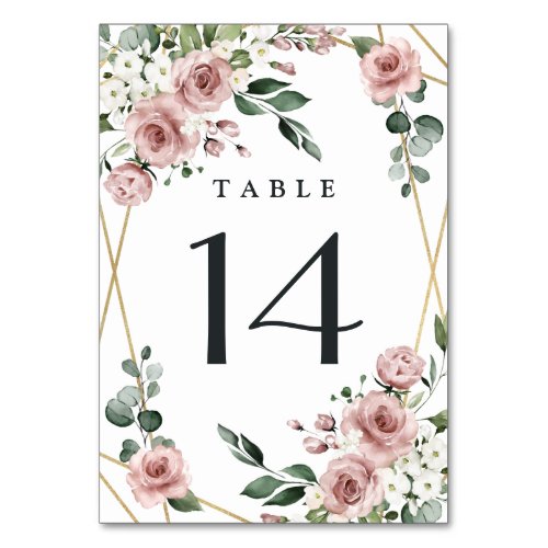 Dusty Rose Pink and Gold Floral Greenery Wedding Table Number