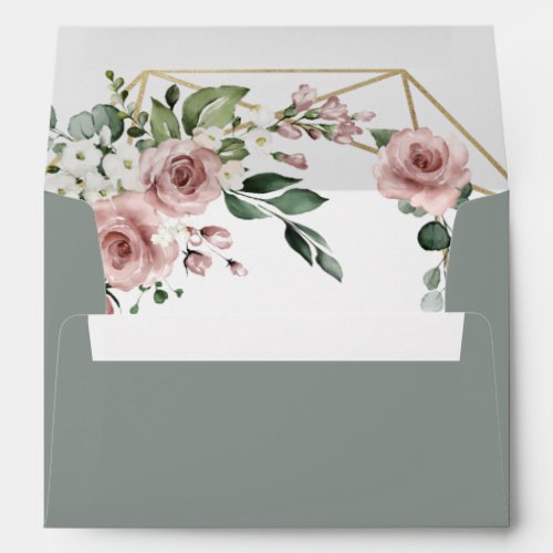 Dusty Rose Pink and Gold Floral Sage Green Wedding Envelope
