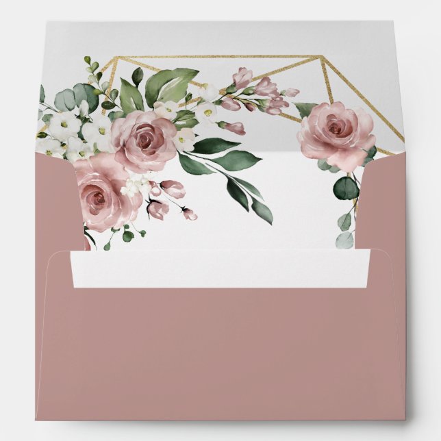 Dusty Rose Pink and Gold Medium Greenery Wedding Envelope (Back (Bottom))