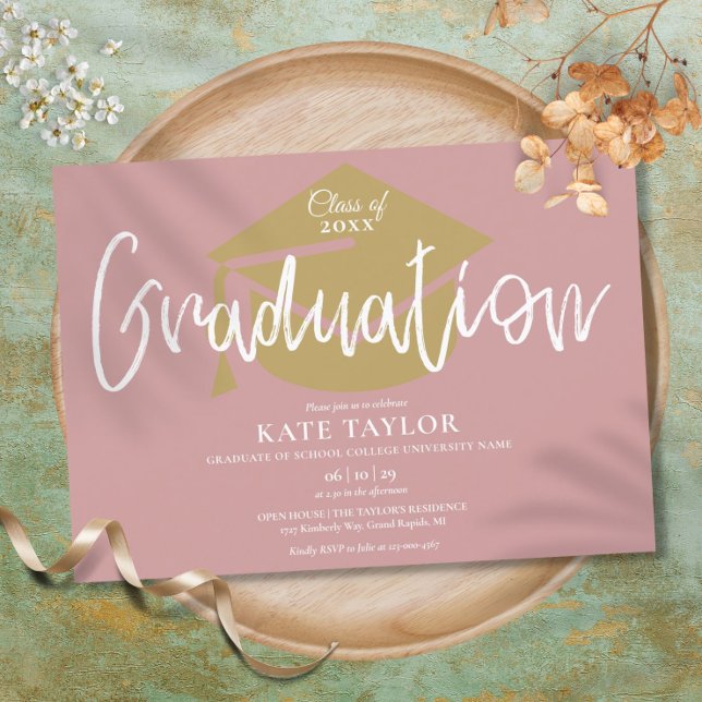 Dusty Rose Pink And Gold Script Graduation Party Invitation