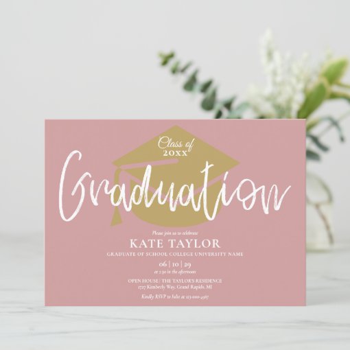 Dusty Rose Pink And Gold Script Graduation Party Invitation | Zazzle