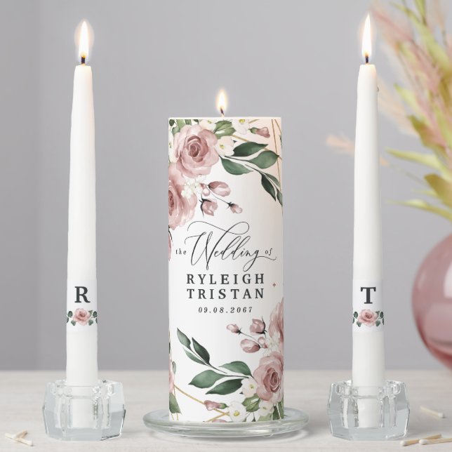 Dusty Rose Pink and Greenery Boho Wedding Ceremony Unity Candle Set (In Situ)