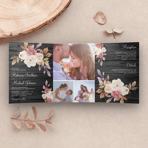 Dusty Rose Pink and Ivory Floral Barn Wood Wedding Tri_Fold Invitation