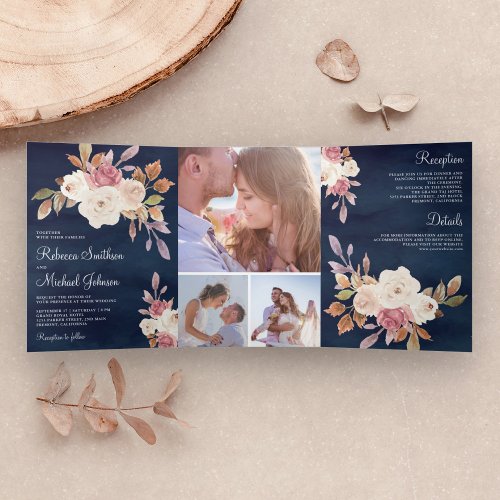 Dusty Rose Pink and Ivory Floral Navy Blue Wedding Tri_Fold Invitation