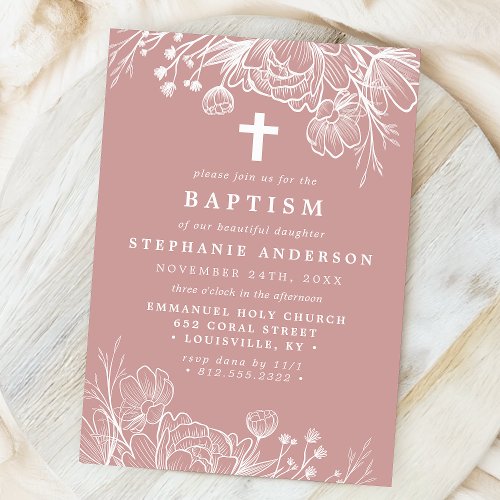 Dusty Rose Pink and White Floral Baptism Invitation