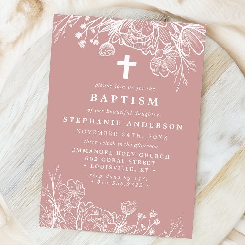 Dusty Rose Pink And White Floral Baptism Invitation