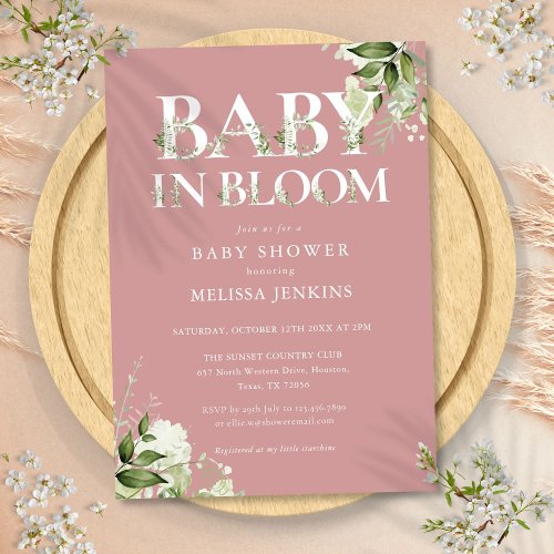 Dusty Rose Pink Baby In Bloom Greenery Baby Shower Invitation