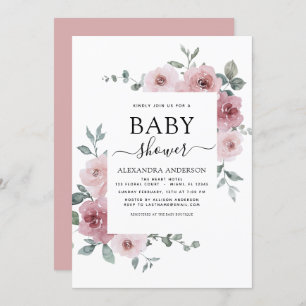Dusty Rose Pink Baby Shower Floral Greenery Invitation