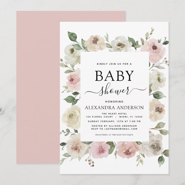 Dusty Rose Pink Baby Shower Floral Greenery Invitation (Front/Back)