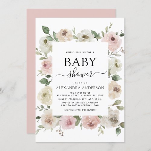 Dusty Rose Pink Baby Shower Floral Greenery Invitation