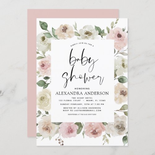 Dusty Rose Pink Baby Shower Floral Greenery Invitation