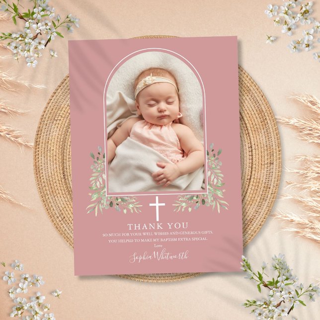 Dusty Rose Pink Baptism Greenery Arch Photo Thank You Card (Dusty Rose Pink Baptism Greenery Arch Photo Thank You Card)