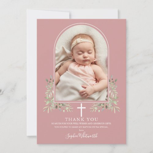 Dusty Rose Pink Baptism Greenery Arch Photo Thank You Card