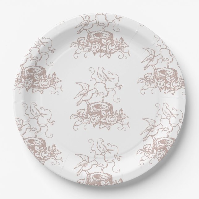 Dusty Rose Pink Bird Nest Baby Shower Paper Plates (Front)
