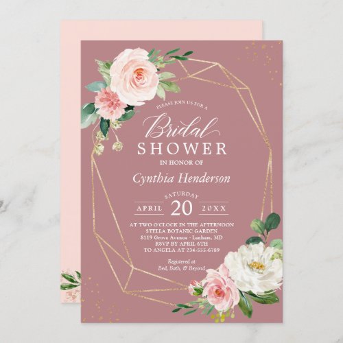 Dusty Rose Pink Blush Floral Chic Bridal Shower Invitation - Celebrate the bride-to-be with this "Dusty Rose Blush Pink Floral Bridal Shower Invitation" that features a Modern Geometric Frame and Blush Watercolor Peonies. It's easy to customize this design to be uniquely yours. For further customization, please click on the "customize further" link and use our design tool to modify this template. If you need help or matching items, please contact me.