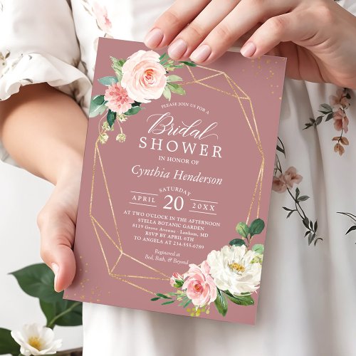 Dusty Rose Pink Blush Floral Chic Bridal Shower Invitation