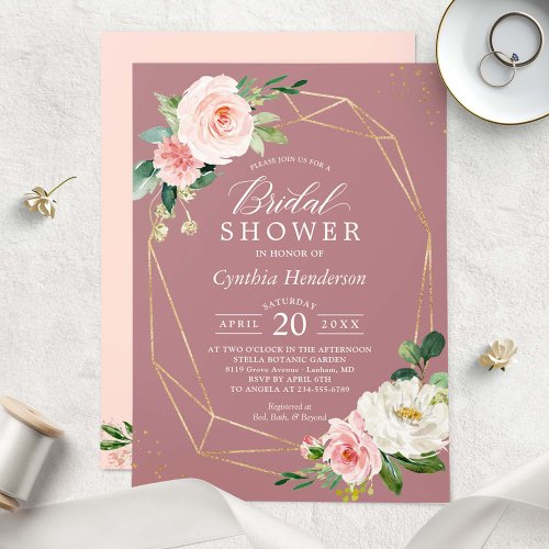 Dusty Rose Pink Blush Floral Chic Bridal Shower Invitation