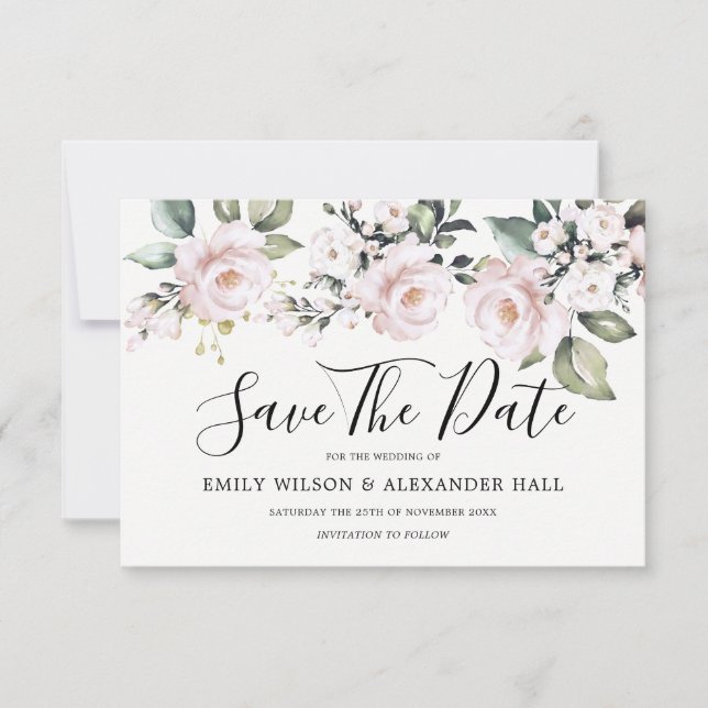 Dusty Rose Pink Blush Floral Save The Date (Front)