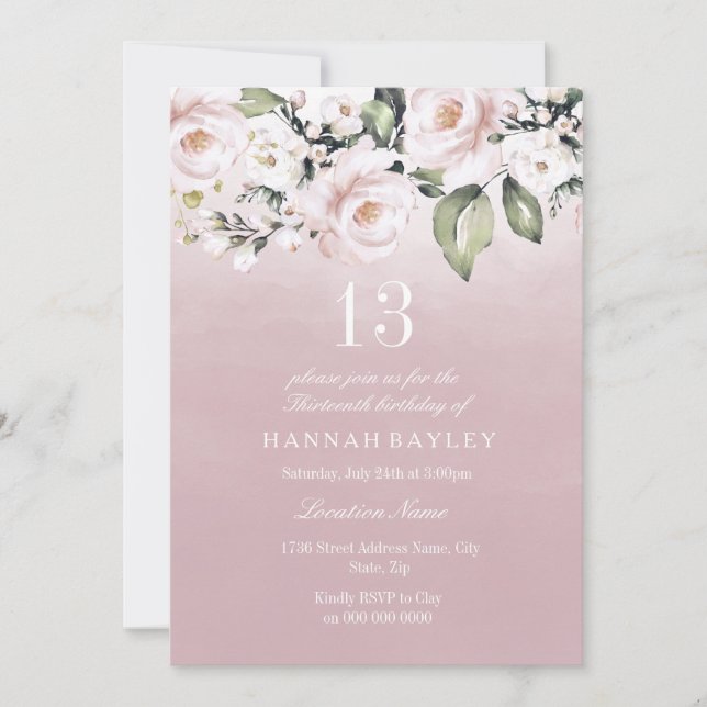 Dusty Rose Pink Blush Girls 13th Birthday Party Invitation (Front)
