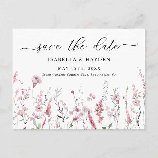 Dusty Rose Pink Blush Wild Flowers Save The Date Announcement Postcard (Front)