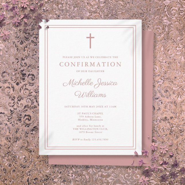 Dusty Rose Pink Border Confirmation Invitation Postcard (Dusty Rose Pink Border Confirmation Invitation Postcard)