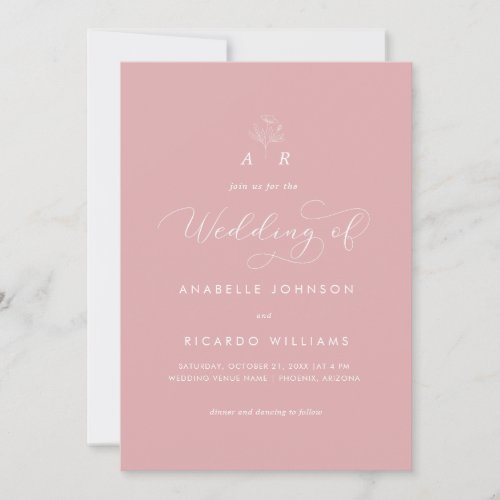 Dusty Rose Pink Botanical Monogram QR Code Wedding Invitation