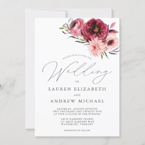 Dusty Rose Pink Burgundy Watercolor Floral Wedding Invitation