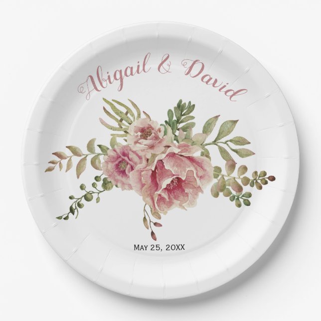 Dusty rose pink cactus flowers, succulent wedding paper plates (Front)