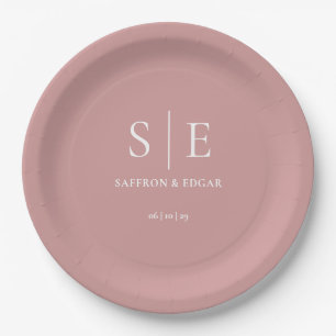 Dusty Rose Pink Chic Monogram Wedding Paper Plates