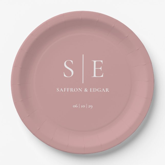 Dusty Rose Pink Chic Monogram Wedding Paper Plates (Front)