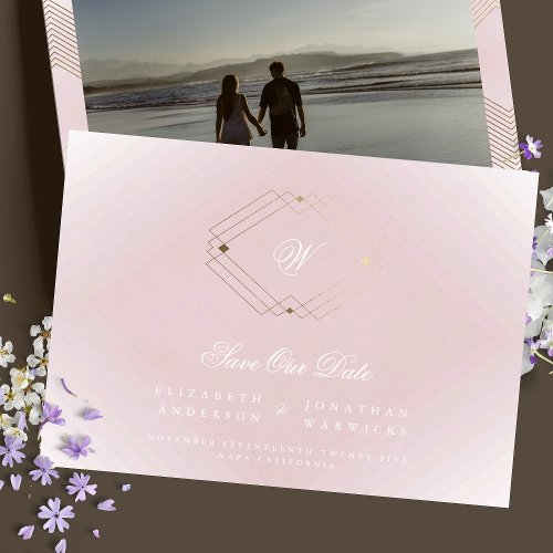 dusty rose pink classic deco gold monogram photo save the date