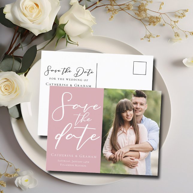 Dusty Rose Pink Couple Photo Save the Date Announcement Postcard (Creator Uploaded)