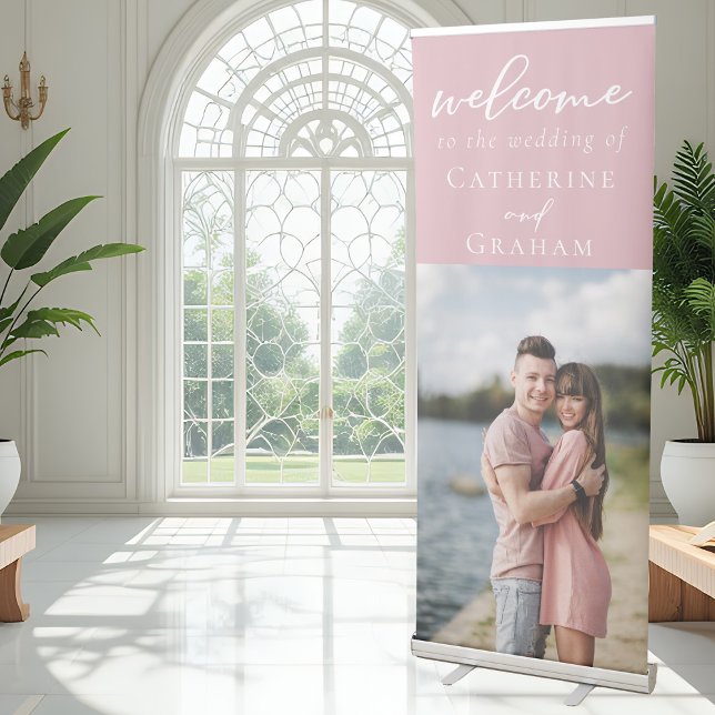 Dusty Rose Pink Couple Photo Wedding Vertical Retractable Banner (Creator Uploaded)