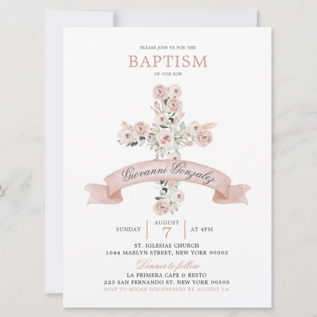 Dusty Rose Pink Cross Baptism Invitation (Front)