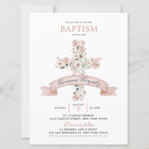 Dusty Rose Pink Cross Baptism Invitation