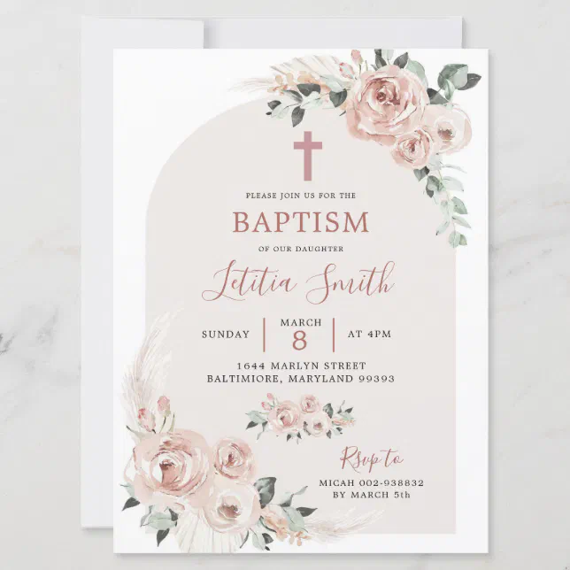 Dusty Rose Pink Cross Baptism Invitation | Zazzle