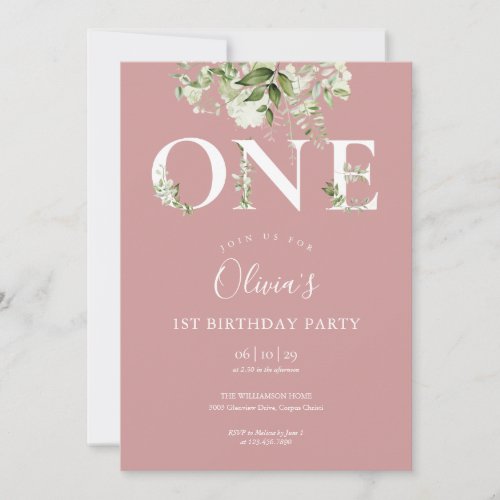 Dusty Rose Pink Cute Floral Greenery 1st Birthday Invitation
