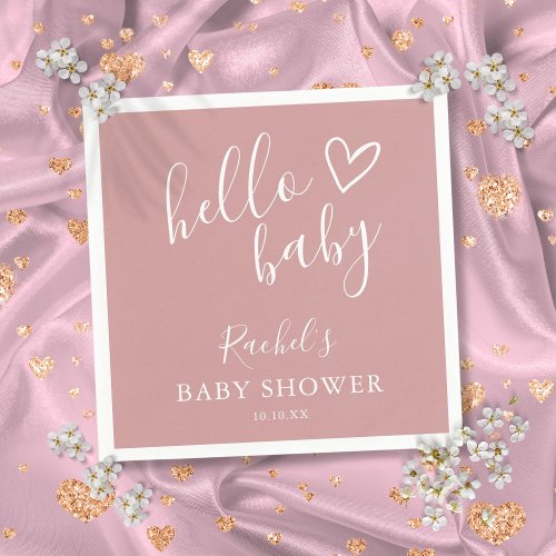 Dusty Rose Pink Cute Heart Girl Hello Baby Shower  Napkins