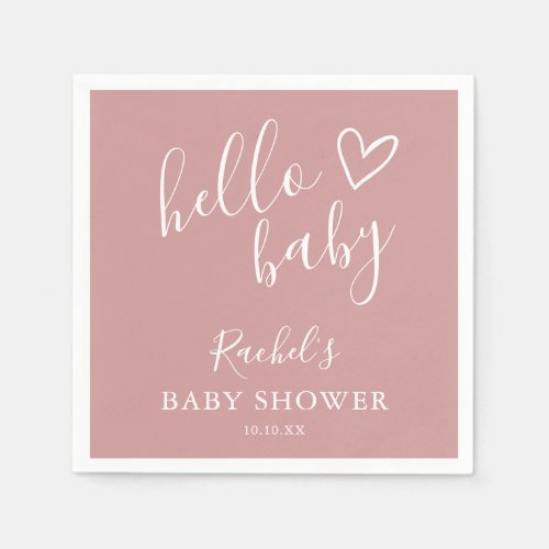 Dusty Rose Pink Cute Heart Girl Hello Baby Shower  Napkins