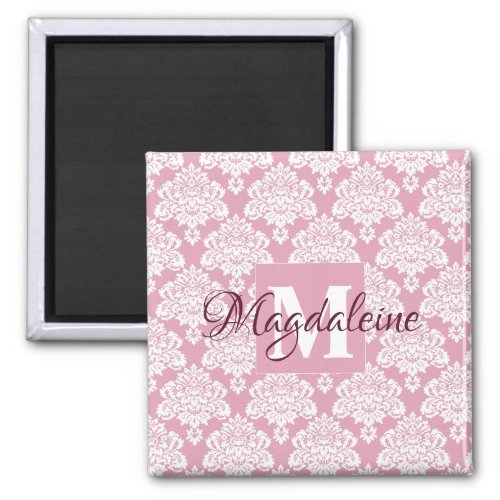 Dusty Rose Pink Damask Monogram with Name Magnet
