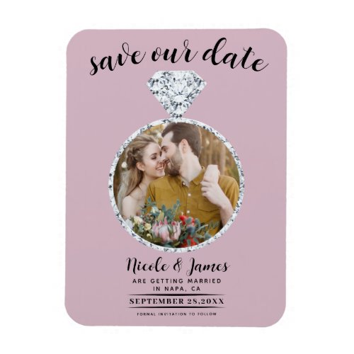 Dusty Rose Pink Diamond Ring Bling Save the Date Magnet