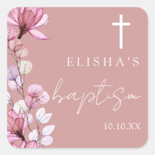Dusty Rose Pink Elegant Modern Floral Baptism Square Sticker