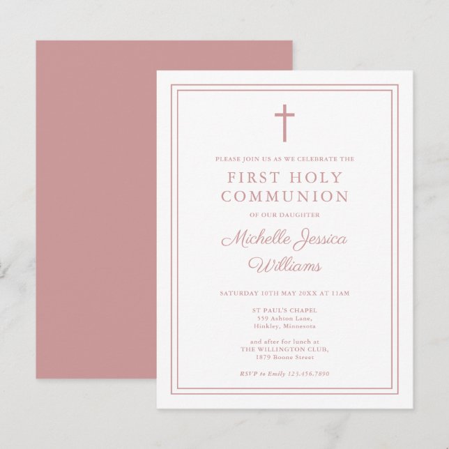 Dusty Rose Pink First Holy Communion Invitation Postcard (Front/Back)