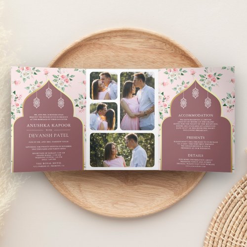 Dusty Rose Pink Floral All in One Indian Wedding Tri_Fold Invitation