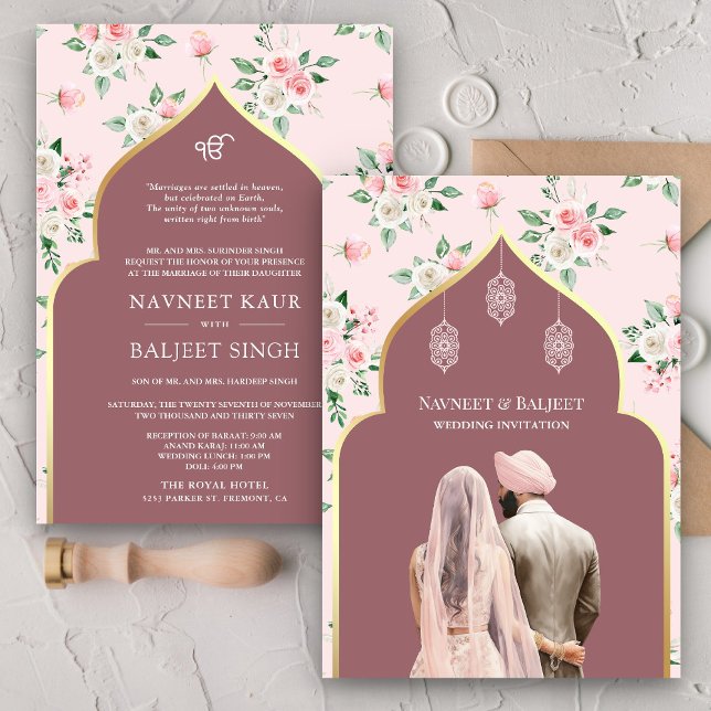 Dusty Rose Pink Floral Anand Karaj Sikh Wedding Invitation (Creator Uploaded)