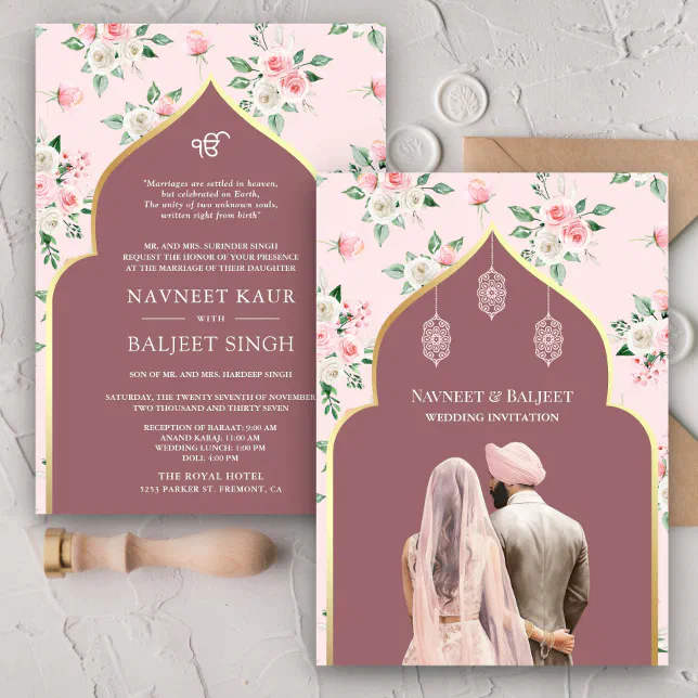 Dusty Rose Pink Floral Anand Karaj Sikh Wedding Invitation 