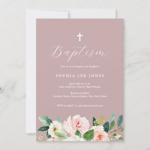 Dusty Rose Pink Floral Baptism Invitation