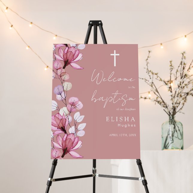 Dusty Rose Pink Floral Baptism Welcome Sign (In Situ (Stand))